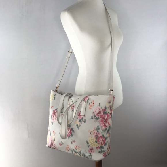 LC Lauren Conrad White Pink Floral Large Vegan Leather Tote Bag NWOT - Picture 2 of 15